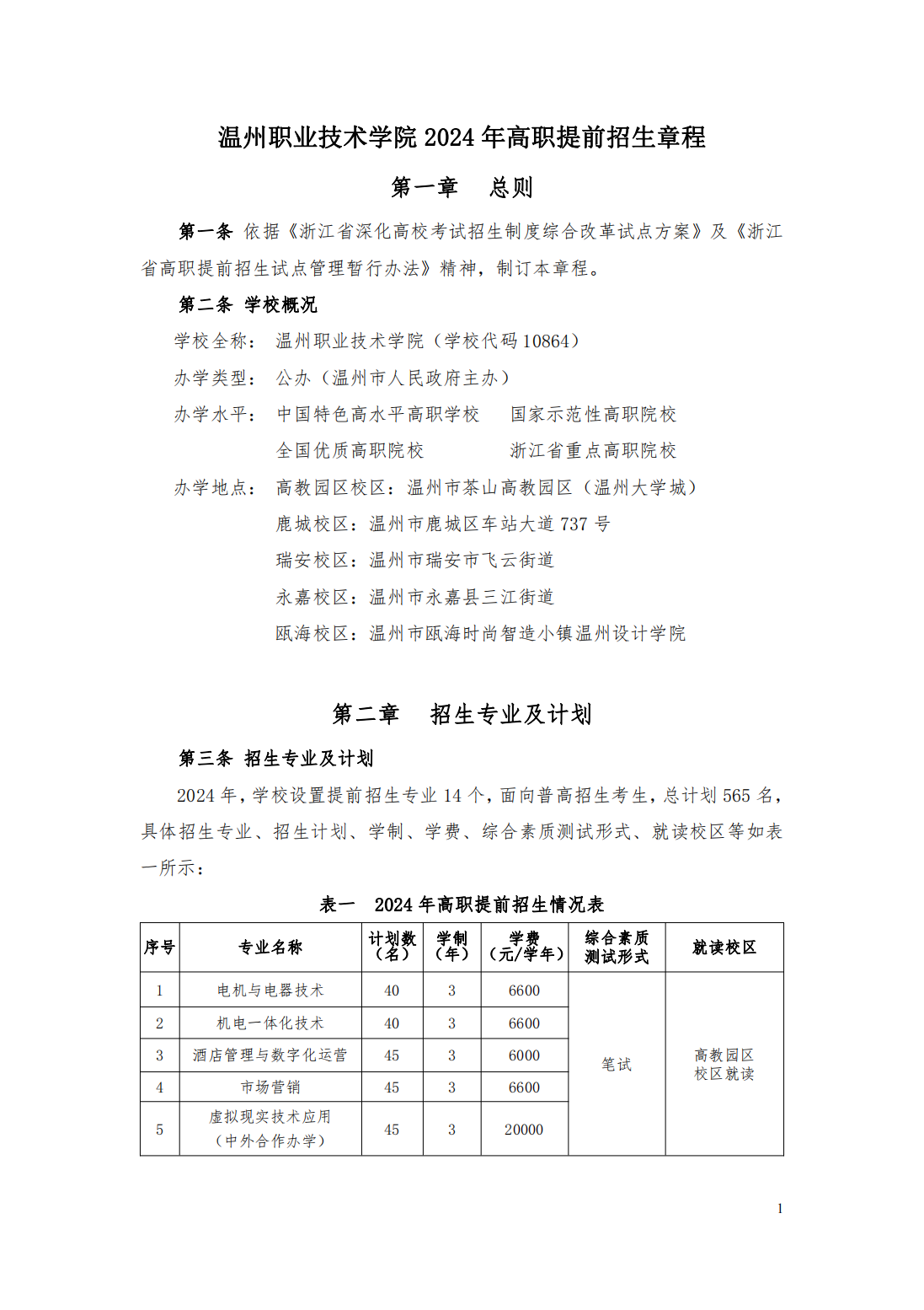 温州职业技术学院2024年高职提前招生章程